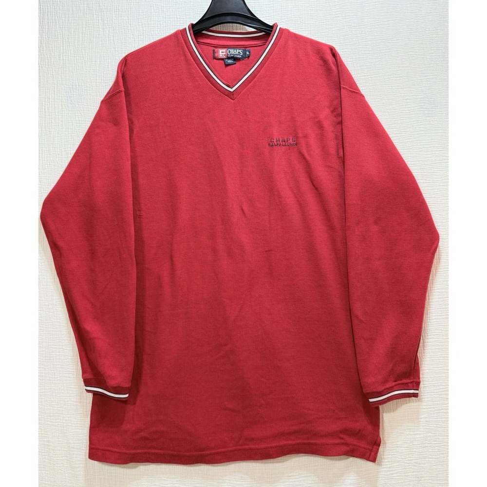 Chaps Ralph Lauren V-Neck Pullover‎ Mens XL Red Ribbed Cotton Long Sleeve Sporty